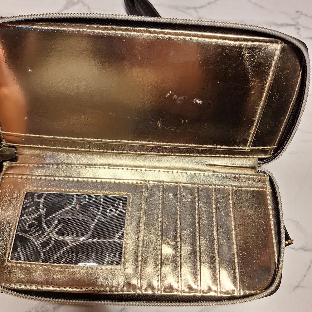 Betsey Johnson NEW zip around wristlet wallet faux leather w roses striped bling - Picture 11 of 13